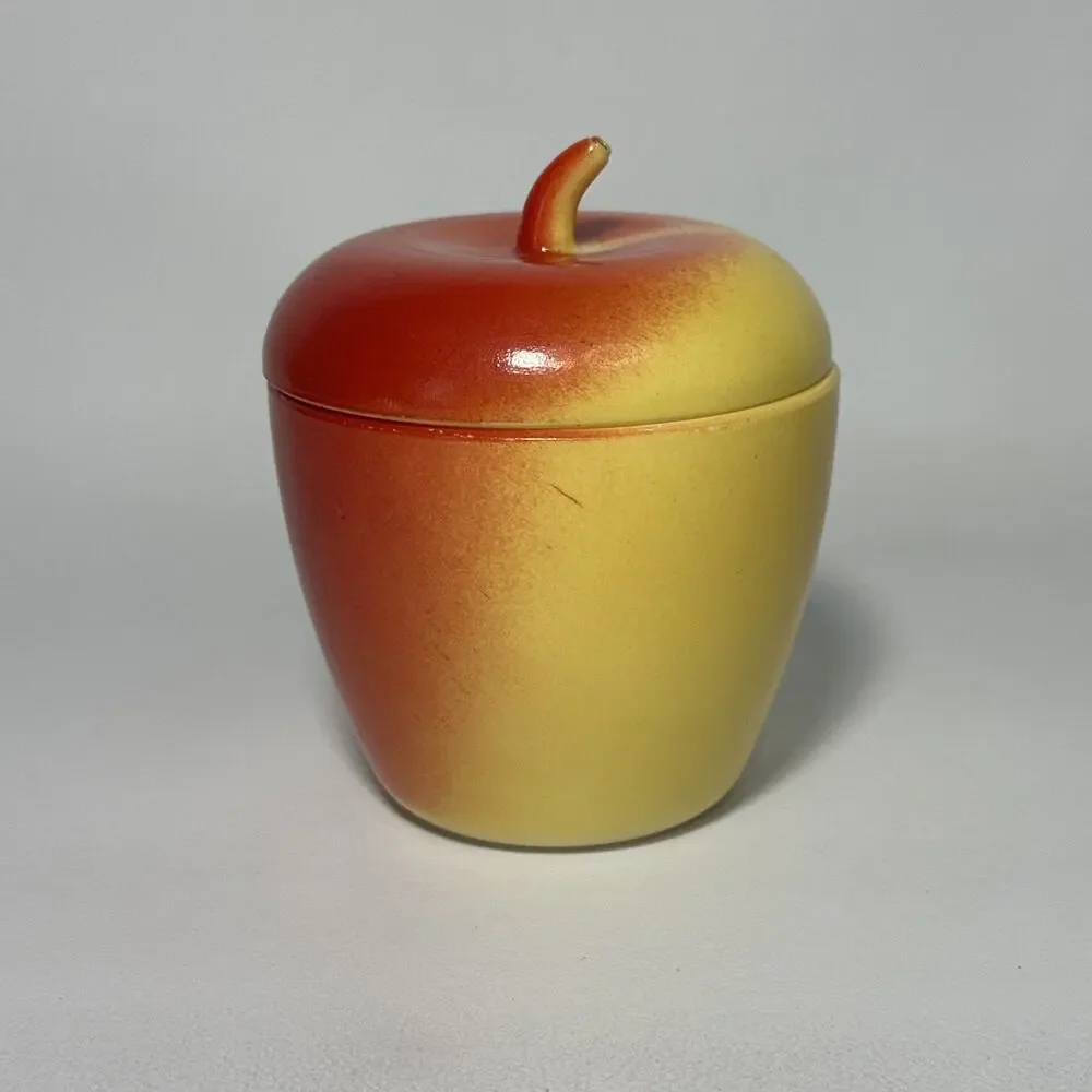 Vtg Hazel Atlas Red & Yellow Apple Shaped Sugar Bowl Jam Jelly Jar W/Stem Lid